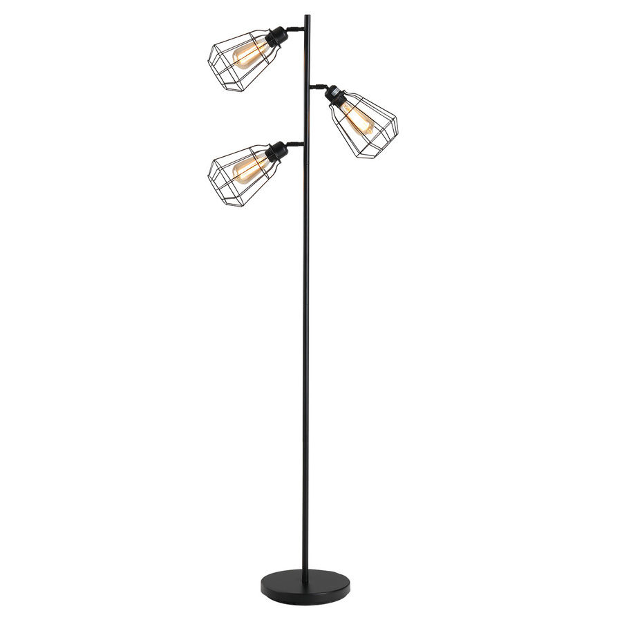 HOMCOM Industrielle Stehlampe im Retro-Design mit 3 Käfiglampenschirmen für E27 Glühbirnen, Schwarz - Bild 1