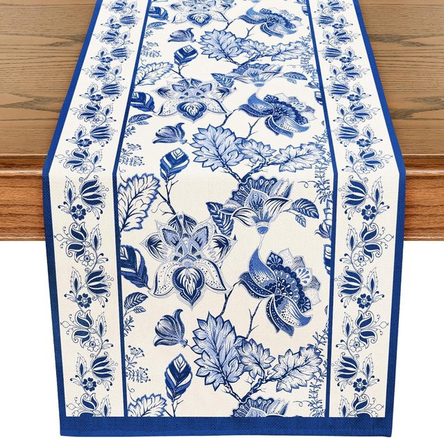 JINGYUE Pet Tischläufer aus Leinen mit floralem Design in Blau, B/H: 150 x 33 cm - Bild 1