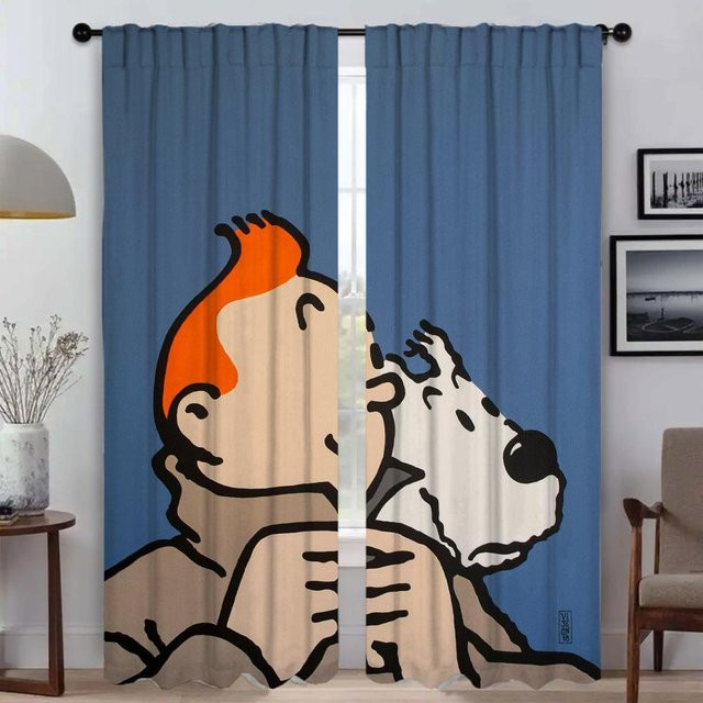 Tim und Struppi Vorhänge für Kinderzimmer, 2 Paneele, Halloween Dekoration, semi-transparent, B: 50 cm, H: 70 cm - Bild 1