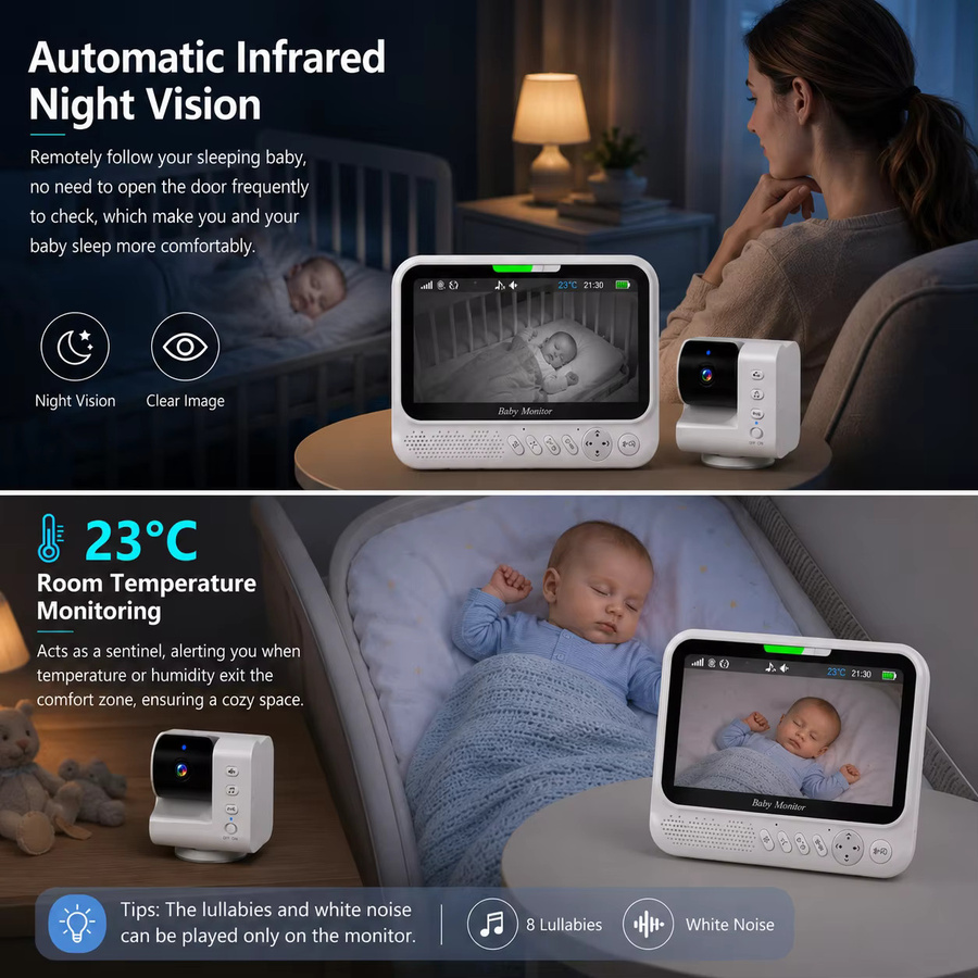 MvpSecam Babyphone mit 7,0-Zoll-Bildschirm, PTZ-Zoom-Kamera, Temperaturanzeige und 5000 mAh Akku, Weiß - Bild 3