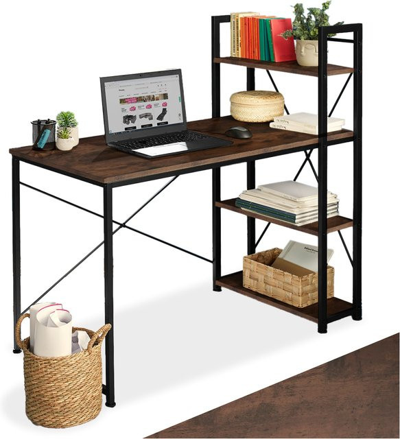 tectake Computer-Schreibtisch im Industrial Style mit integriertem Regal, Farbe Braun, B/T/H: 122 x 61 x 120 cm - Bild 1