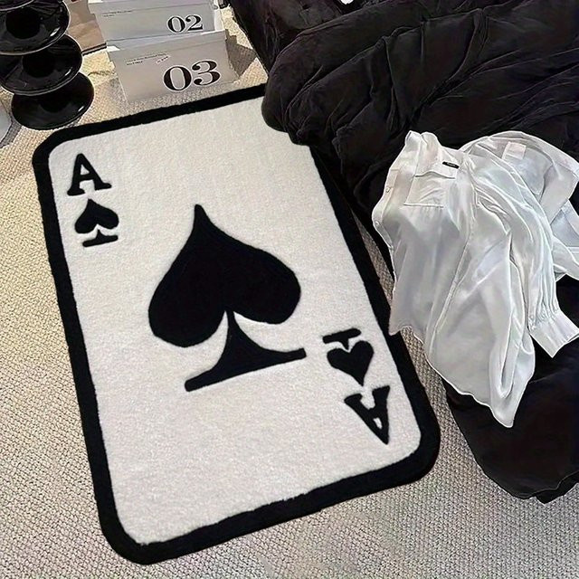 VIKAMA Ace Spade Pokerkarten-Teppich aus Shaggy-Flanell in Weiß im Vintage-Casino-Stil, waschbarer rechteckiger Bodenmatte für das Wohnzimmer - Bild 1