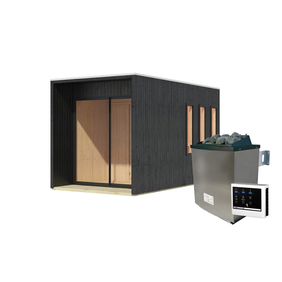 Karibu Saunahaus Cancun Set Schwarz aus Nordischer Fichte inklusive 9 kW Ofen und externer Steuerung - Bild 2
