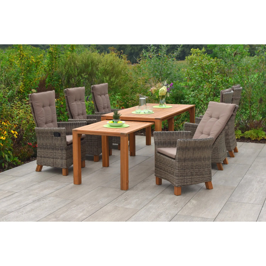Merxx Gartenmöbelset Toskana 7-teilig mit ausziehbarem Tisch und 6 Sesseln aus Akazienholz und Kunststoffgeflecht in Beige/Braun - Bild 2