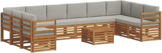 vidaXL Sofagarnitur 11-teilig L-Form aus Massivholz Akazie in Natur und Hellgrau mit Polsterkissen - Bild 1