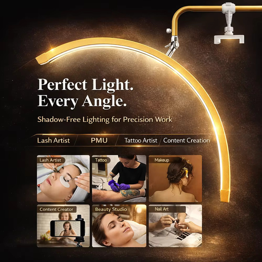 Inlightray L80 LED Halbmondleuchte Schwarz – Professionelle Beauty-Stehlampe für Wimpernverlängerung, Nagelstudio und Tattoo-Studio mit drehbarem Kopf und höhenverstellbarem Ständer - Bild 5