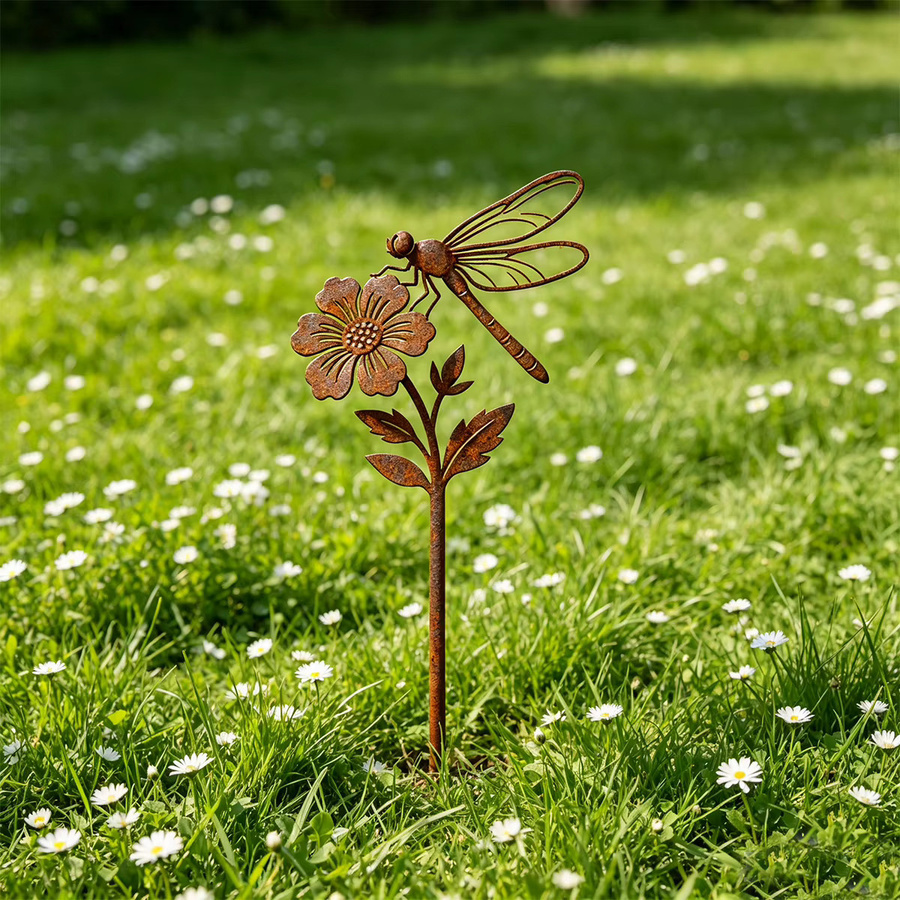 Schmiedeeiserner Gartendekorationspfahl mit Libellen- und Blumenmotiv in Rostbraun - Bild 5
