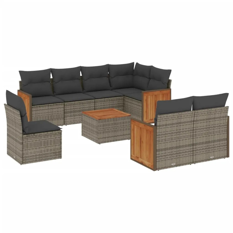vidaXL 9-tlg Garten-Sofagarnitur L-Form aus Poly Rattan in Grau mit Kissen und Armlehnen - Bild 2