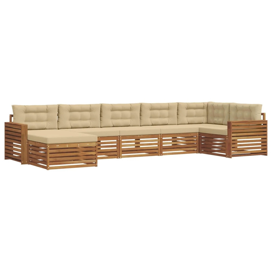vidaXL 7-teilige Sofagarnitur L-Form aus Massivholz Akazie in Natur und Beige mit wetterfesten Polstern - Bild 2