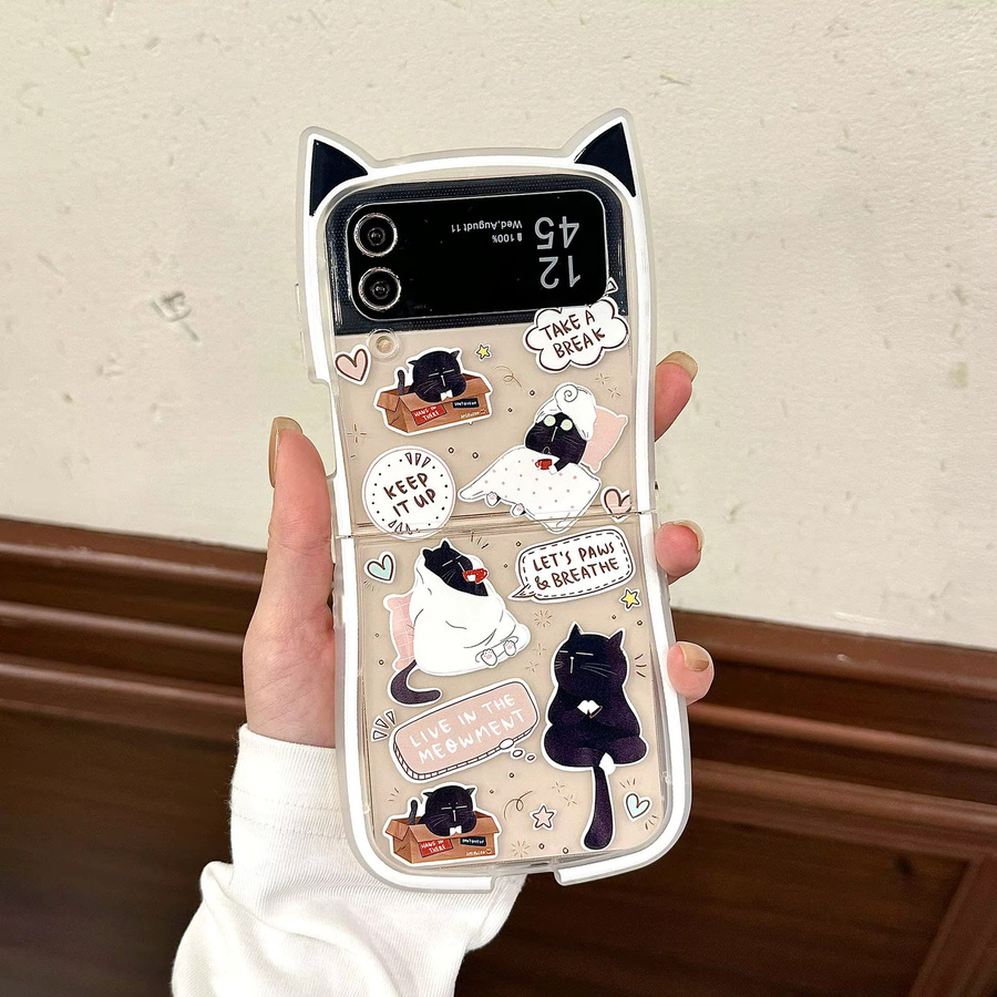 JINHR Handyhülle mit süßem Katzenohren-Cartoon Design für Samsung Galaxy Z Flip6, Z Flip5, Z Flip4 und Z Flip3 in Schwarz inklusive Lanyard - Bild 3