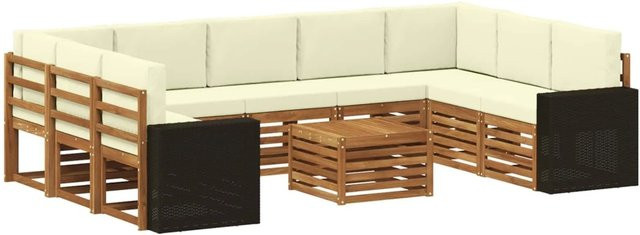 vidaXL Sofagarnitur aus Massivholz Akazie in U-Form, 10-teiliges Set in Natur und Beige mit wetterfesten Polstern - Bild 1