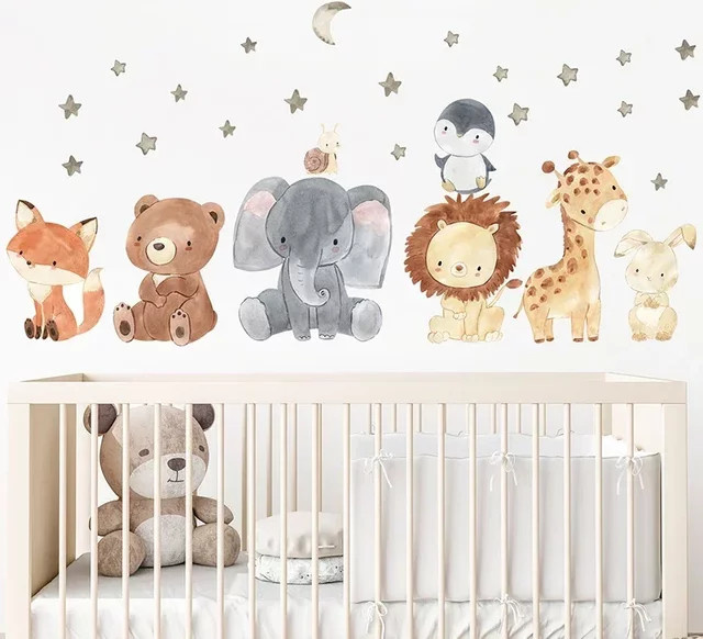 BRUP Wandaufkleber mit Aquarell-Cartoon-Motiv und niedlichen Afrika-Tieren in Multicolour für dein Kinderzimmer - Bild 1