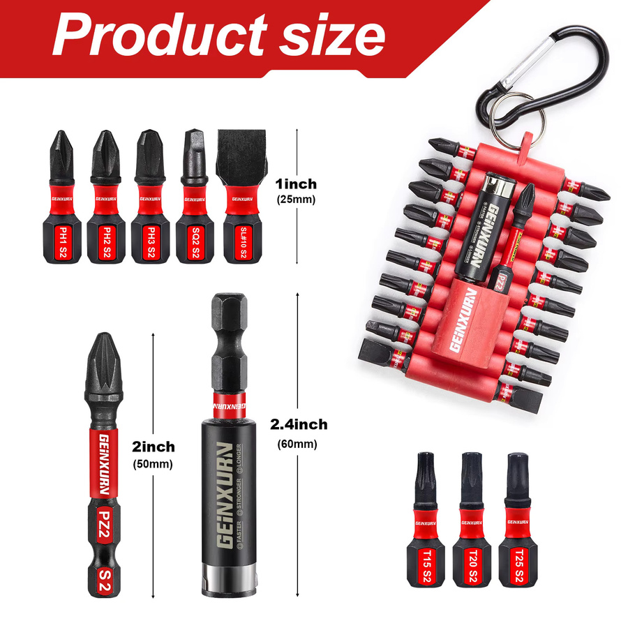 Geinxurn 22-teiliges Set magnetische Schraubendreher-Bits aus S2-Stahl mit Bithalter und Organizer-Hülse (Torx, Schlitz, Phillips, SQ2) - Bild 2