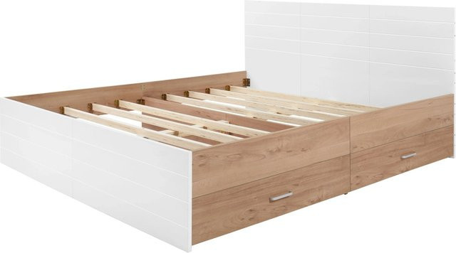 KOMHTOM Doppelbett mit Bettanlage und Lattenrost in Eiche und Weiß, B/T/H: 160 x 200 x 107 cm mit 2 Schubladen - Bild 1