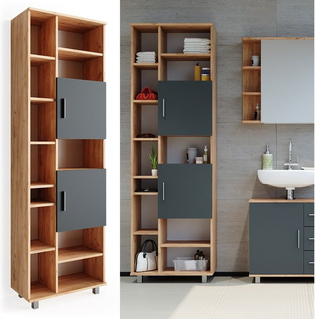 Vicco Badschrank Ilias Hochschrank für das Badezimmer in Eiche und Anthrazit, B/T/H: 60 x 30 x 190 cm - Bild 1