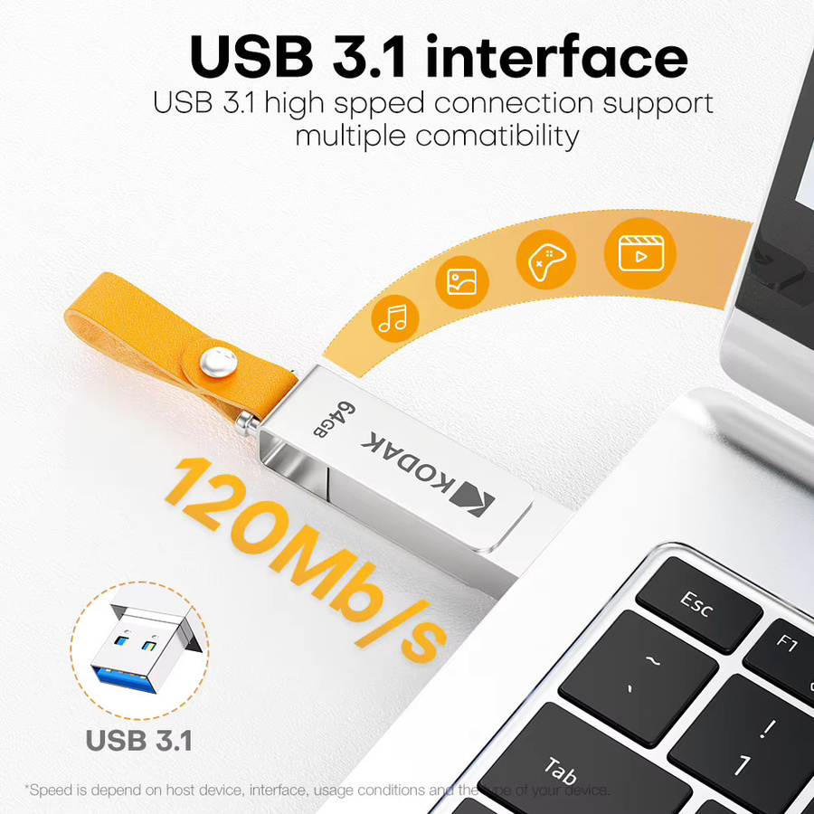 Kodak K133 USB 3.1 Flash-Laufwerk in Silber mit Metallgehäuse und Lederband für PC und HD-TV - Bild 3