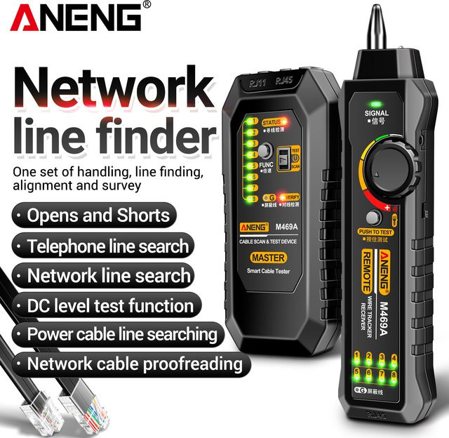 ANENG M469A Netzwerkkabel-Tester RJ45 RJ11 LAN-Kabelfinder mit Taschenlampe in Schwarz - Bild 1