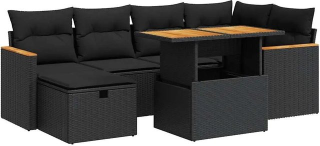 vidaXL 8-tlg Garten-Sofagarnitur in L-Form aus schwarzem Poly-Rattan mit beigen Kissen und pulverbeschichtetem Stahlgestell - Bild 1