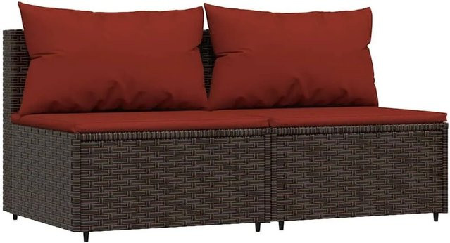 vidaXL Garten-Mittelsofas mit Kissen aus Poly Rattan in Braun, 2er-Set - Bild 1