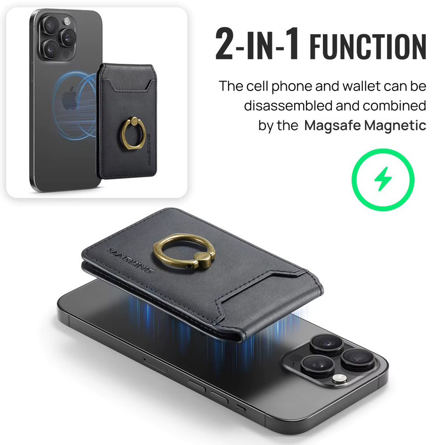 HKNR Magnetische Leder-Handyhülle mit Ringständer und Kartensteckplatz für iPhone 16 15 Plus 14 13 12 Pro Max in Schwarz oder Braun - Bild 2