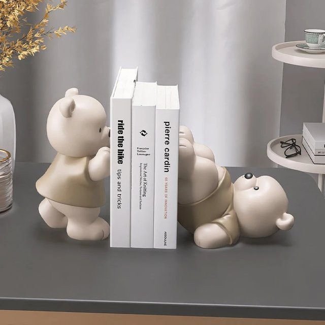 Dekorative Bär Buchstütze aus Keramik in Beige für Wohnzimmer und Bücherregal - Bild 1