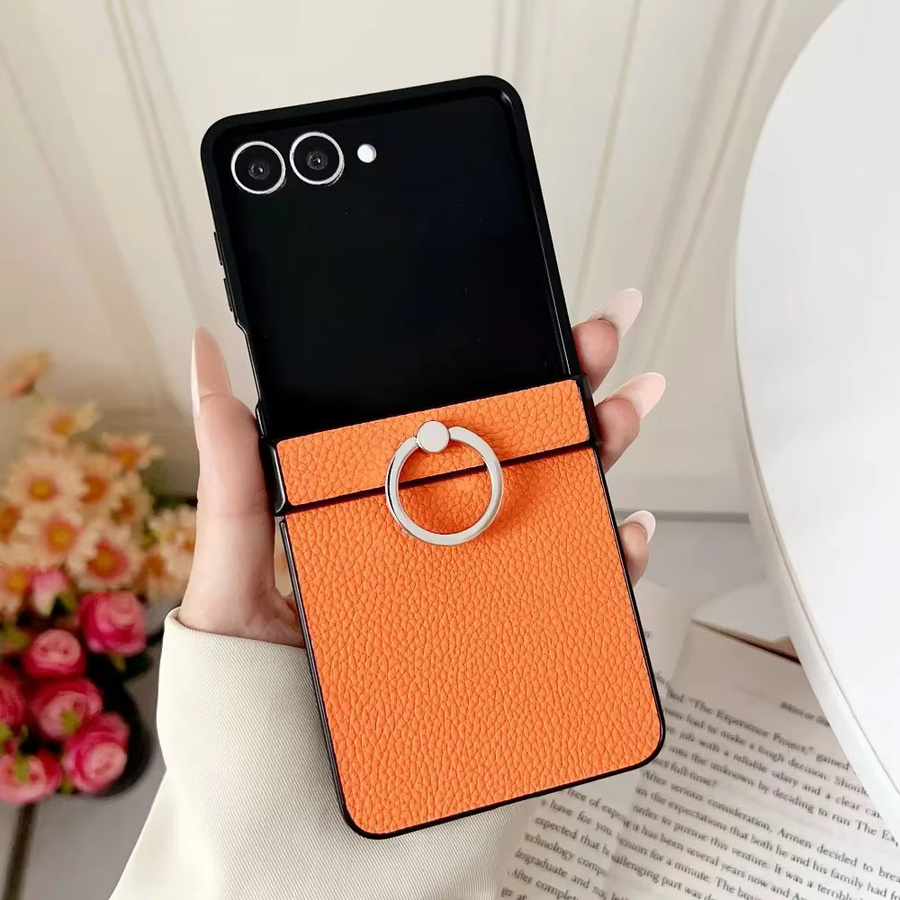 Samsung Z Flip Schutzhülle aus PU-Leder mit Lychee-Muster und Ringhalter in Beige für Z Flip 7 FE, Z Flip 6, Z Flip 5, Z Flip 4 und Z Flip 3 5G - Bild 2