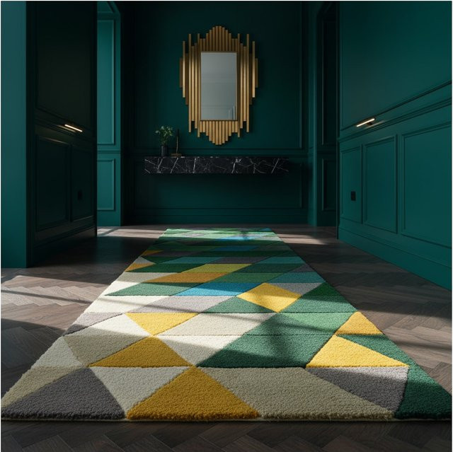 Wollläufer DERWENT Kadima Design geometrisch in Grün-Bunt, Breite: 60 cm, Länge: 230 cm - Bild 1