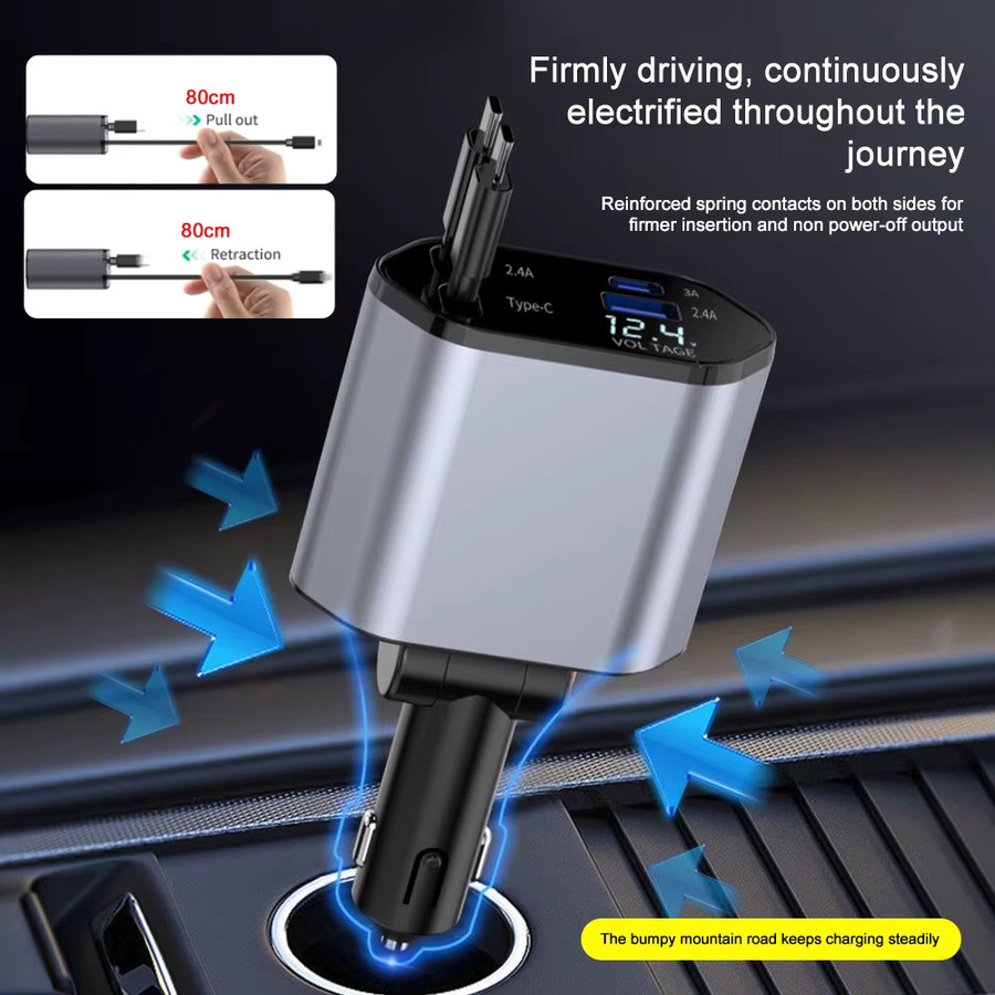 kebidumei 4 in 1 Autotelefon-Ladegerät mit 120 W, Typ C 66 W und 2,4 A einziehbaren Ladekabeln sowie Volt-Display für iPhone, Huawei und Samsung - Bild 4