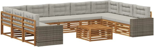 vidaXL Outdoor-Sofagarnitur in U-Form aus Massivholz Akazie mit 10 Kissen, Farbe: Natur und Hellgrau - Bild 1