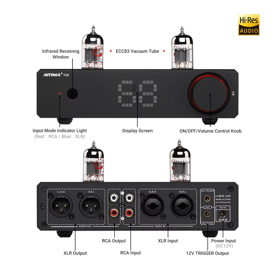 AIYIMA T20 Röhren-Vorverstärker in Schwarz mit DAC, XLR/RCA-Ausgang und 12V Trigger für dein HiFi-System - Bild 2