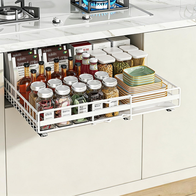 GarveeHome ausziehbarer Küchenschrank-Organizer aus Karbonstahl in Weiß, platzsparende Schieberegale für Vorratskammer und Bad, Höhe: 8 cm, Breite: 31-49 cm - Bild 1