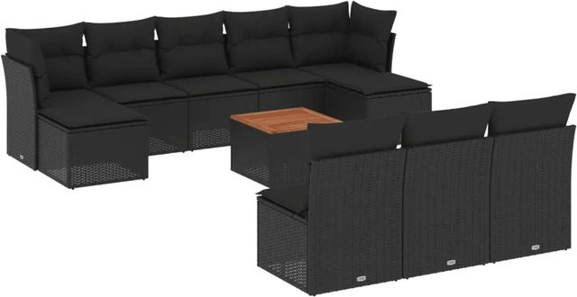 vidaXL 11-tlg Garten-Sofagarnitur in L-Form aus Poly-Rattan und Akazienholz mit Kissen, Schwarz - Bild 1