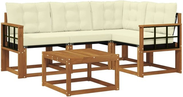 vidaXL Outdoor-Sofagarnitur 5-teilig aus Akazienholz mit Textilene-Bezug und Kissen in Natur und Creme - Bild 1
