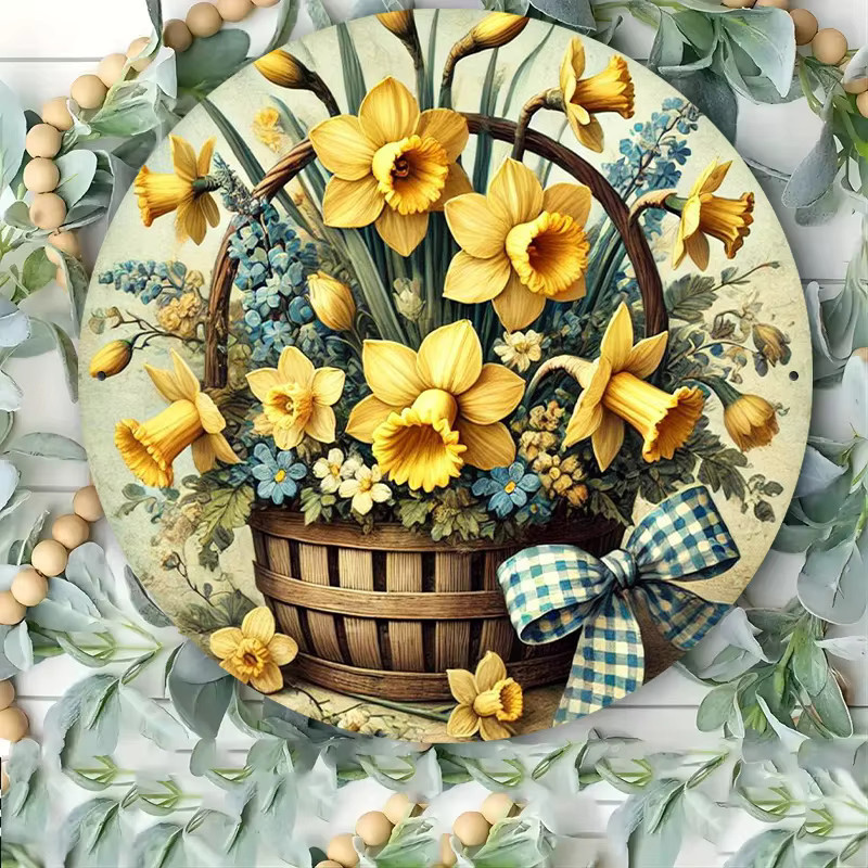 Potdemiel Frühlingskranz mit Narzissen und Glockenblumen aus Metall, runde Wanddekoration in Gelb, Durchmesser: 20,3 cm - Bild 3