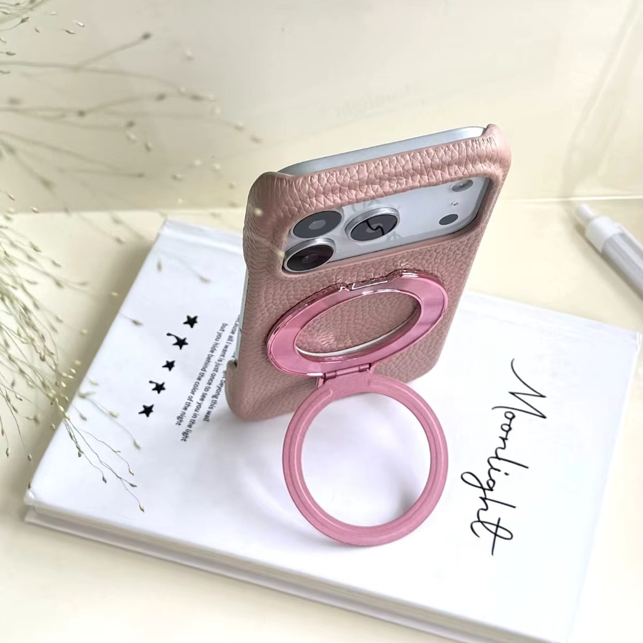 Magnetische Leder Handyhülle mit Metallringständer für iPhone 12 bis iPhone 17 Pro Max MagSafe kompatibel, Farbe: Weiß - Bild 2