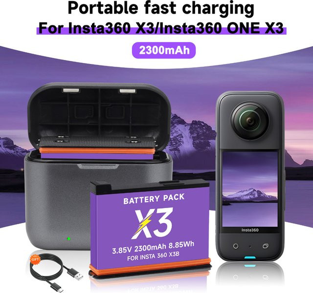 PALO Akku Set für Insta360 X3 Action-Kamera mit 2300-mAh-Akku und 2-Slot-LED-Schnellladegerät in Schwarz - Bild 1