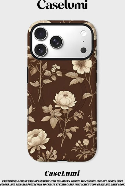 CaseLumi Matte Bumper Schutzhülle für iPhone 17 16 15 14 13 Pro Max mit MagSafe, Stoßfestes Hardcase aus PC, Vintage Braun mit Blumenmuster - Bild 1