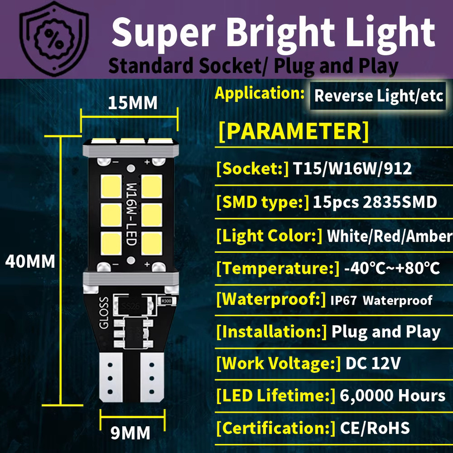 Neallor LED Rückfahrlicht Set W16W T15 921 Canbus Fehlerfrei mit 15 SMD 2835 in Rot, Weiß oder Gelb, 2 Stück - Bild 2