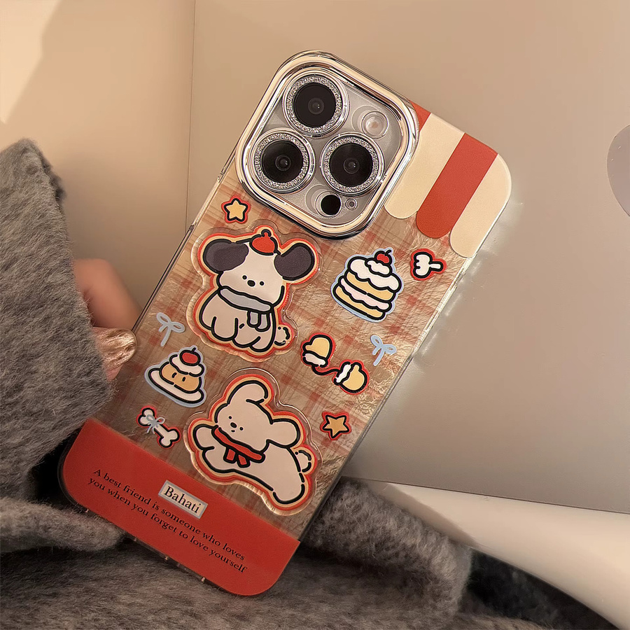 Koreanische Cartoon-Welpen-Handyhülle mit Karomuster und Kette für iPhone, stoßfeste Hartschale, multicolour - Bild 3