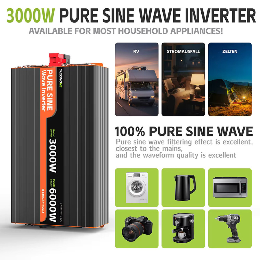 YULONGNE Reiner Sinus-Wechselrichter 3000W mit 6000W Spitzenleistung, DC12V zu AC230V, Schwarz, mit Fernbedienung und LCD-Display für Wohnmobile, LKW und Notstromversorgung - Bild 5