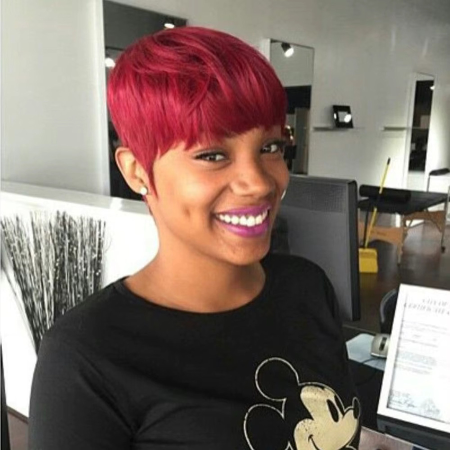 OYM HAIR Pixie-Schnitt-Perücke, Remy-Echthaar, Burgundy, mit Pony, Damen - Bild 1