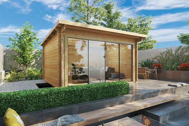 Modernes Gartenhaus Trinity aus Holz mit Pultdach und Glas-Schiebetür, B/T: 4 x 3 m - Bild 1