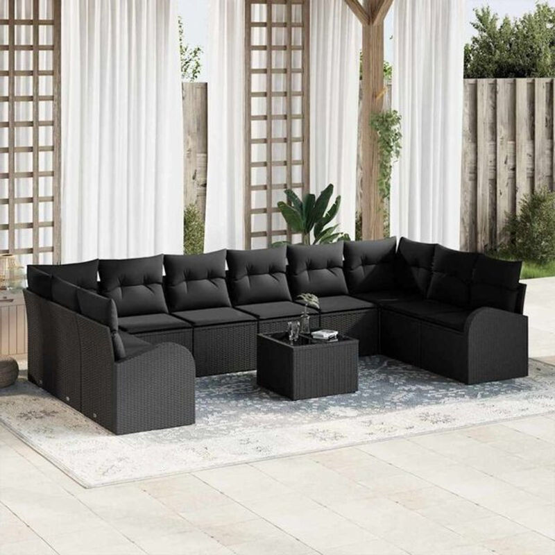 vidaxl Polyrattan Garten-Sofa-Set mit Kissen und Speicherfunktion, 11-teiliges modulares Loungemöbel-Set in Schwarz - Bild 1