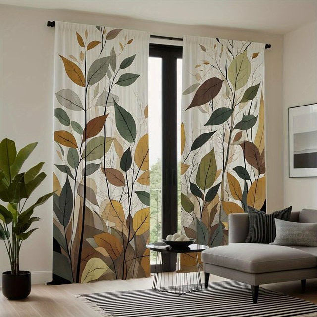 Set aus 2 dekorativen Gardinen mit gelbem Blätter-Digitaldruck von Tonnika Chen, Polyester, B: 100 cm, H: 70 cm - Bild 1