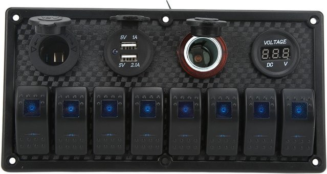 Auto Boot Wippschalter Panel mit blauer LED Leuchte, Dual-USB, Voltmeter und Zigarettenanzünder für 12-24V in Schwarz - Bild 1