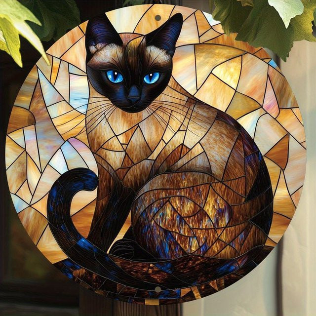 Potdemiel Vintage Siamesische Katze Wandkunst aus Metall, rundes Aluminium-Schild in Multicolour, Durchmesser: 20 cm - Bild 1