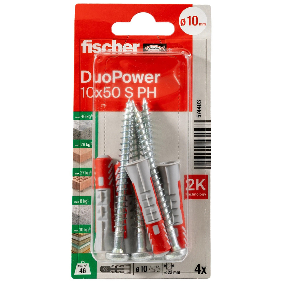 Fischer Universaldübel DuoPower S PH aus Nylon, Grau und Rot, Durchmesser: 10 mm, Länge: 50 mm, 4 Stück - Bild 2