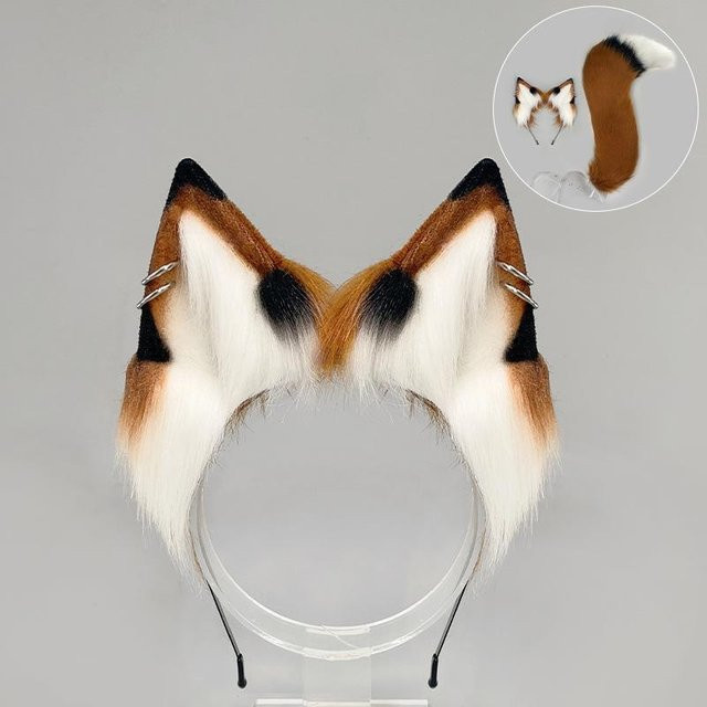 YIRAN Halloween Fuchsohren Tierohren Stirnband und Schwanz, Set, Braun - Bild 1
