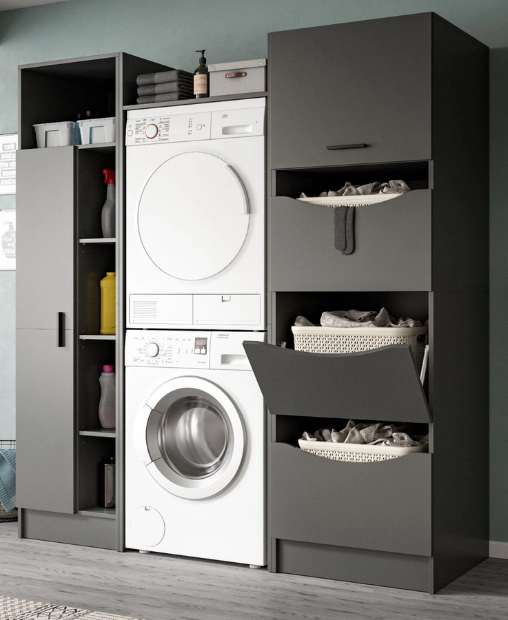 Waschmaschinenumbau Set Flexy in Grau, modern mit Soft-Close-Türen und Regalen, B/H: 176 x 196 cm - Bild 1