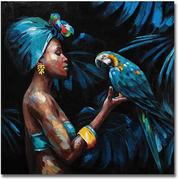 Moderne Leinwand Wandkunst mit afrikanischer Frau und Papagei, abstraktes Gemälde als Poster für deine Wohnzimmer Dekoration, B/B/B: 40 x 40 x 1 cm, Mehrfarbig - Bild 1